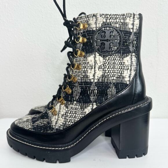 Tory Burch Miller Lug Sole Lace Up Boots Size 7 Tweed Wool Booties - Picture 3 of 6